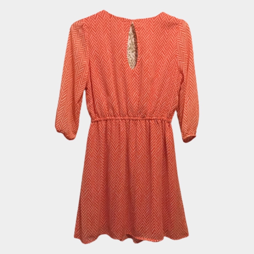 BeBop Orange & White Chevron Print V-Neck Elastic Waist 3/4 Sleeveless Dress EUC - Picture 8 of 8